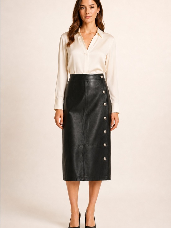 Newport News Dresses & Skirts - Newport News Black 100% Genuine Leather Midi Skirt with Side Buttons